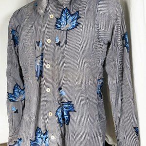 Vintage Deadstock Men's Long Sleeve Dress Shirt Deadstock Blue Leaf Retro Nylon